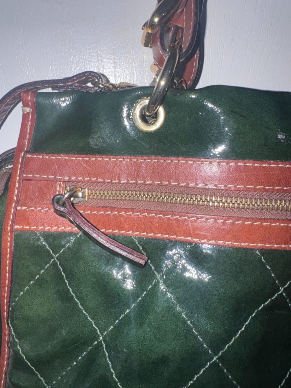 Cavalcanti Quilted Leather Tote Bag Green & Burgundy 14x10x6 Made In Italy - Picture 4 of 10